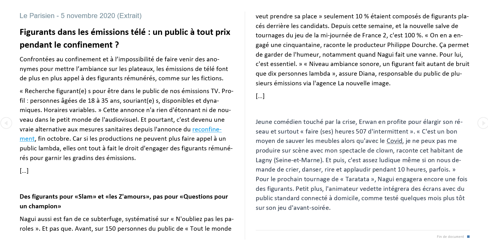 Article de presse Le Parisien Figurants Covid