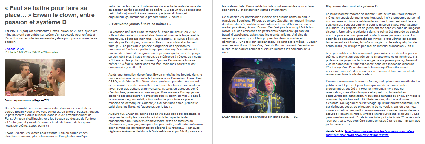 Article de presse 20 minutes clown